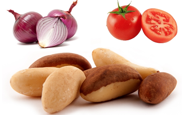 nueces del Brasil, cebolla, tomate