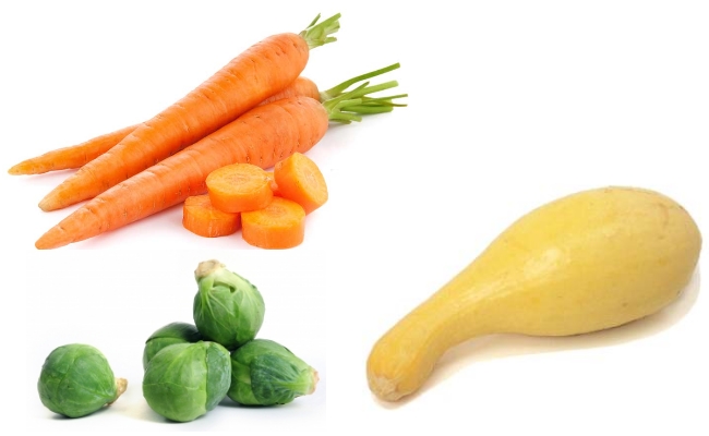 zanahoria, calabaza, coles de Bruselas